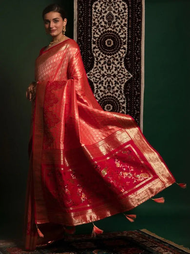 Remarkable Light Orange Zari Weaving Silk Wedding Wear Saree